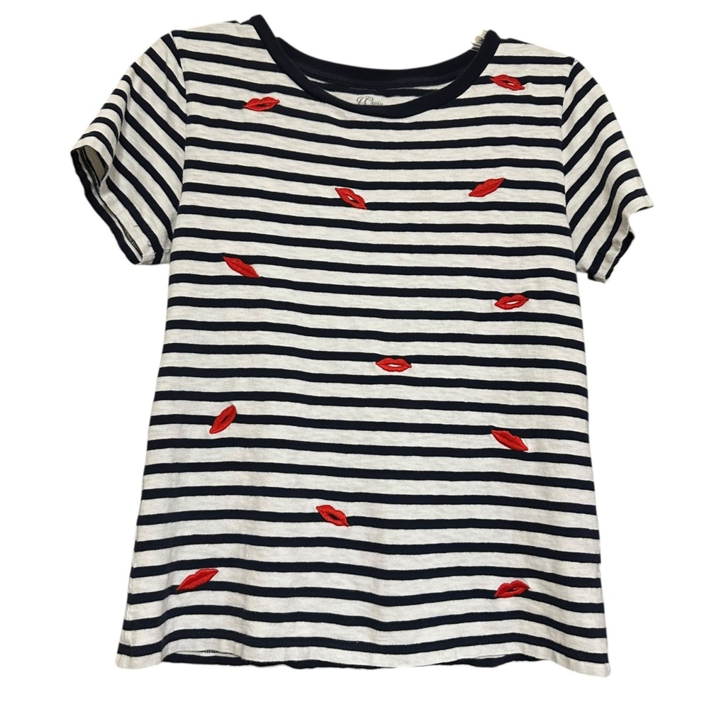 J. Crew Striped T-Shirt Red Lips Embroidered Short Sleeve Navy White Size M